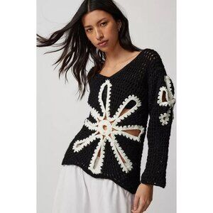 MANDINGA Women's Copo Crochet Cutout Sweater Size L In Black/White